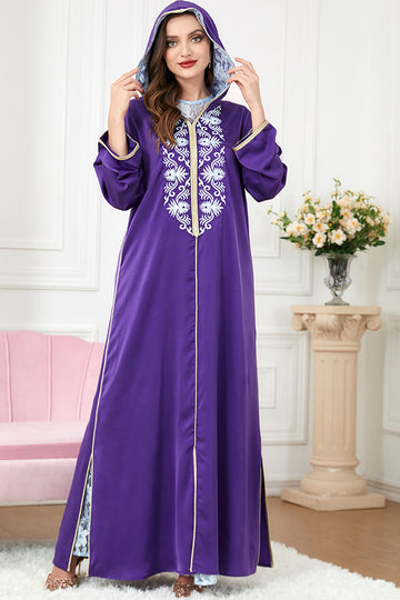 Caftan brodé violet, ensemble 2 pièces, robes marocaines avec capuche